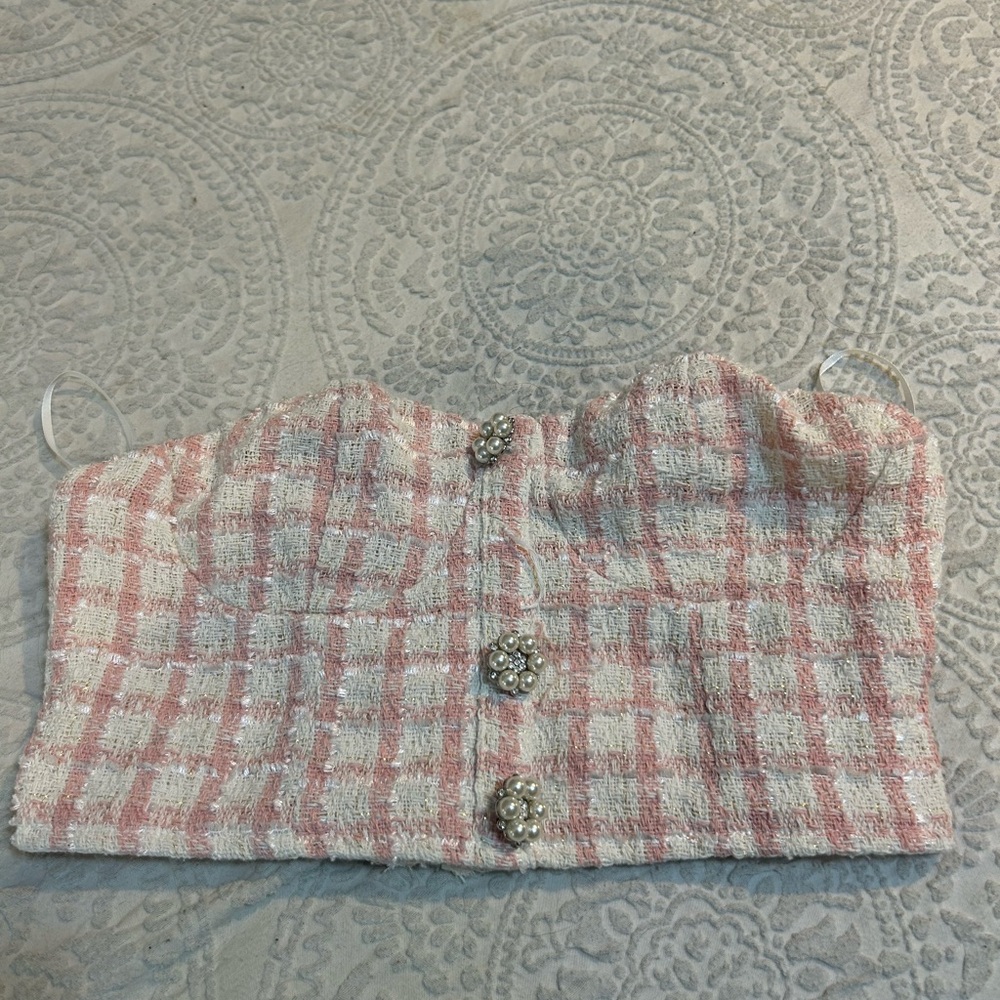 Pink and White Plaid Strapless Top with Pearl Buttons